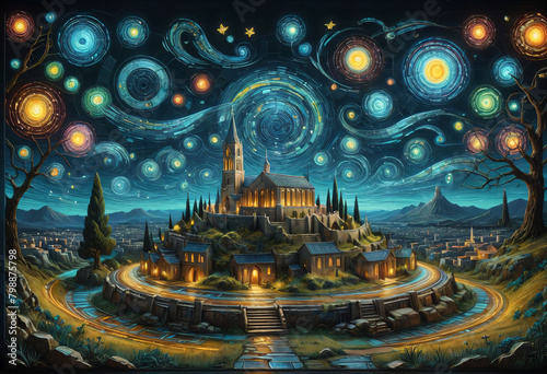 Image of an imaginary city at night  Van Gogh style