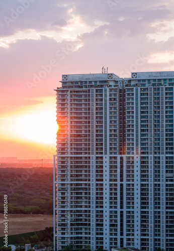 Gurgaon colorful skyline at sunrise..Aerial view of  urban cityscape of Gurugram,Haryana,India with modern buildings and architecture .Luxury residential apartments,.Delhi NCR .