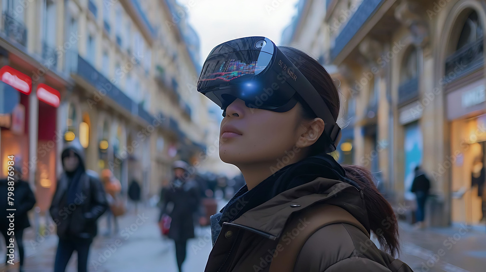 ar navigation goggles on a woman's head in front of a large building, with a black and brown strap ar navigation goggles on a woman's head in front of a large building, with a black and brown strap