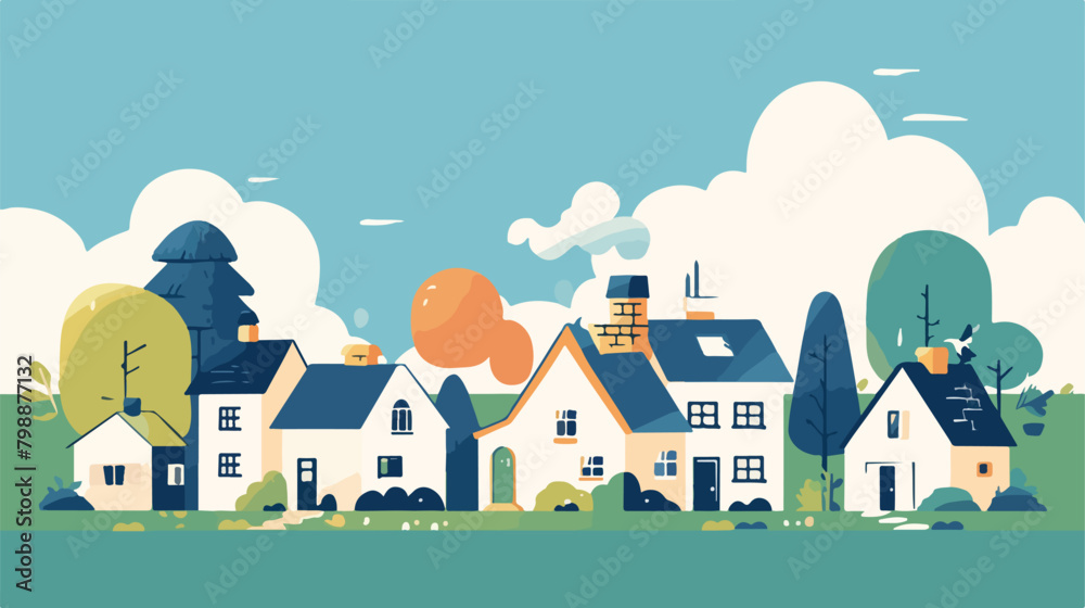 Hand drawn village with houses and trees vector fla