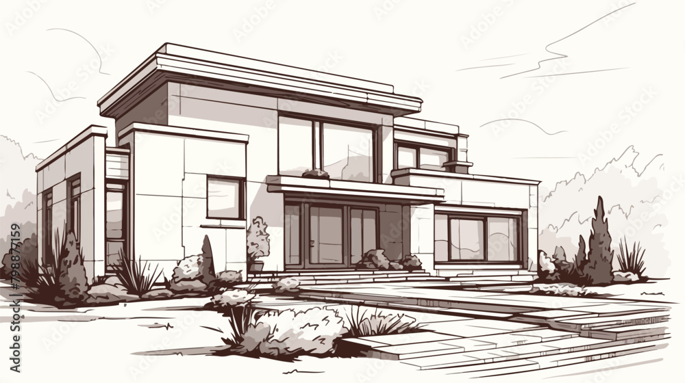 Hand drawn villa. modern private residential house.