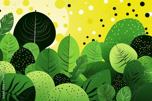 Exotic greenery, dotted backdrop, nonstop graphic, flat color, solid canvas ,  flat graphic drawing