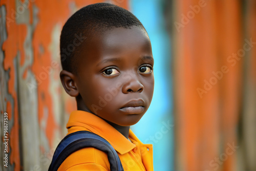 Portrait of a young boy with soulful eyes, wearing an orange shirt and backpack, set against a vibrant, blurred background of blue and rusty orange stripes, conveying depth and emotion