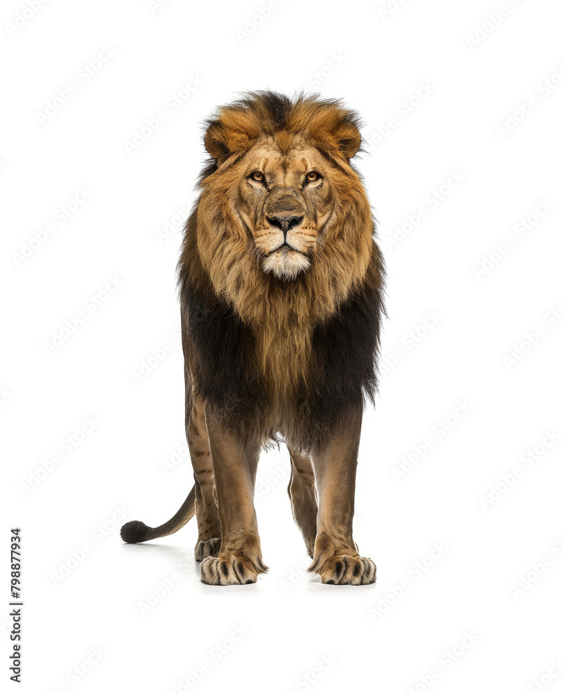 Majestic lion stands prominently against a plain white backdrop