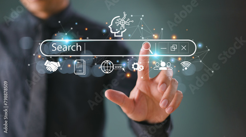 SEO Search Engine Optimization concept. Businessman touch AI, SEO icon on websites to rank search engines or SEO. Search with Ai assistant, search on screen. Artificial Intelligence data technology