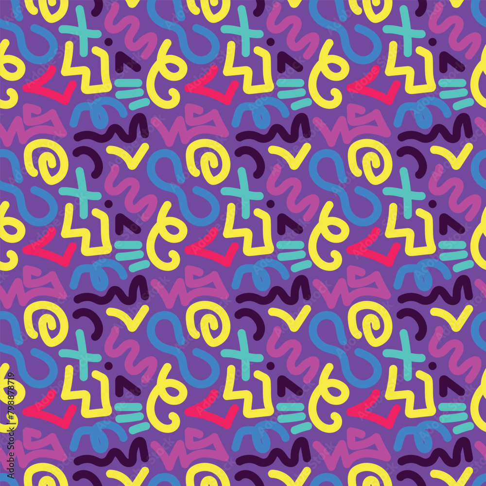 Bright seamless pattern with colorful doodles in 90s style.  Vector illustration