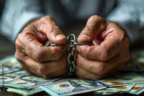 two chained hands standing over US dollar bills. crime concept, bribery