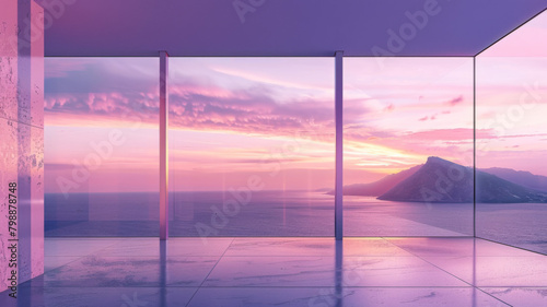 A large Modern glass window overlooking a beautiful ocean and a mountain. Soft Pink Sky  creating a serene and peaceful atmosphere