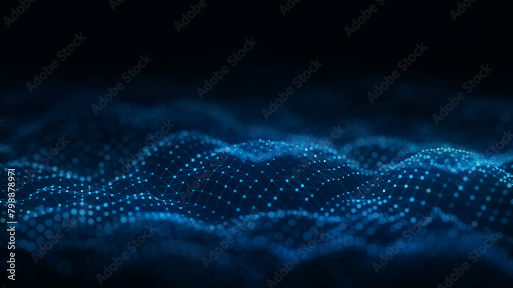 Dynamic color wave of particles and lines. Abstract futuristic background. Big data visualization. 3D rendering.
