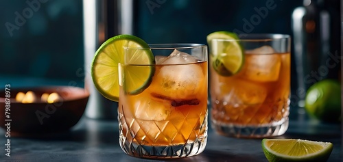 Dark and Stormy cocktail drink with dark rum, ginger ale, lime and ice with bottles photo