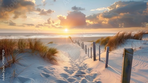 Beautiful sand dune beach at sunset with wooden bridge