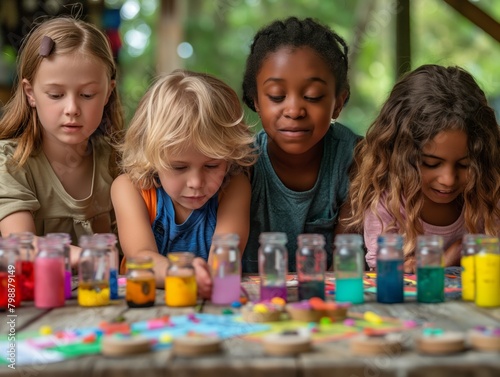 A group of children are sitting around a table with many different colored jars and bottles. They are looking at the jars and bottles, possibly playing a game or working on a project