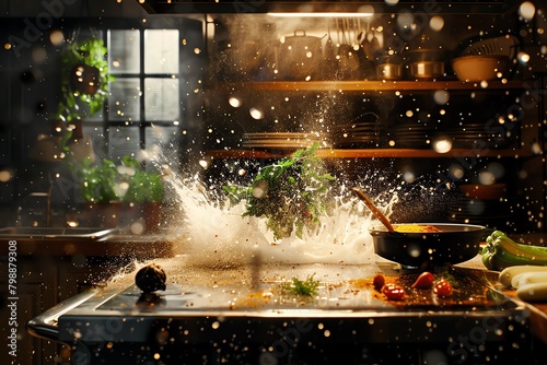 A chef in a professional kitchen accidentally drops a bunch of parsley into a pot of boiling water, creating a dramatic splash. photo