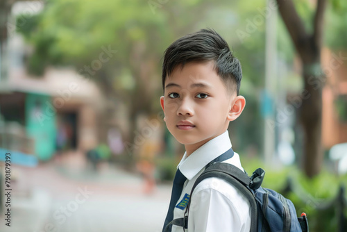 Portrait of a young asian schoolboy with a backpack looking at the camera, standing outdoors with a blurred background of trees and school environment, depicting readiness and confidence