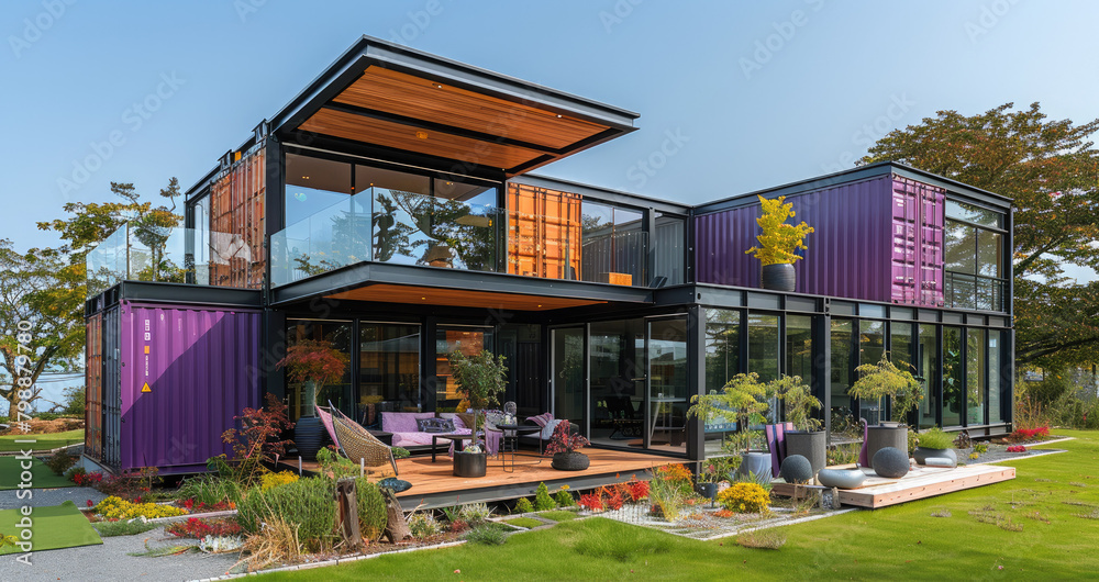 Modern industrial exterior style house made from converted shipping container. Generative AI.
