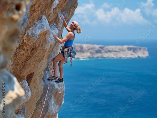 A woman is climbing a rock wall with a blue shirt and shorts. The ocean is in the background