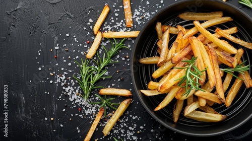 Crispy golden fries cascading out of the air fryer basket onto a plate, garnished with sea salt flakes and fresh rosemary photo