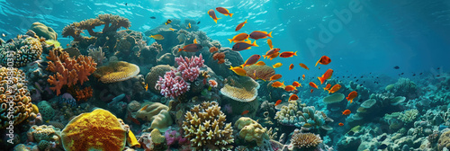 A vast school of fish gracefully glide over a vibrant coral reef in crystal clear waters