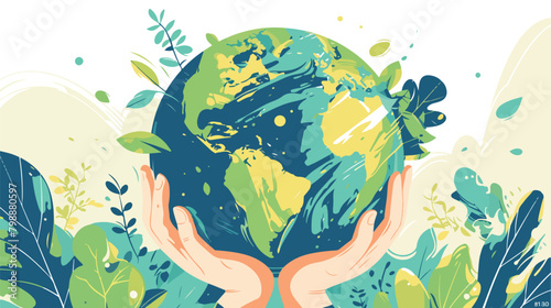 Hands holding planet Earth with green leaves growin photo