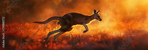 A kangaroo mid-air, leaping gracefully with its strong hind legs extended. The kangaroos body is in motion, capturing the beauty of its powerful jump