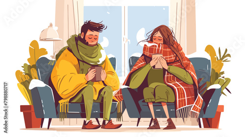 Couple freezing shivering from cold at home in fros photo