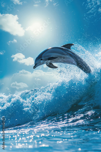 A dolphin leaps out of the water under the clear blue sky on a sunny day, showcasing its grace and agility