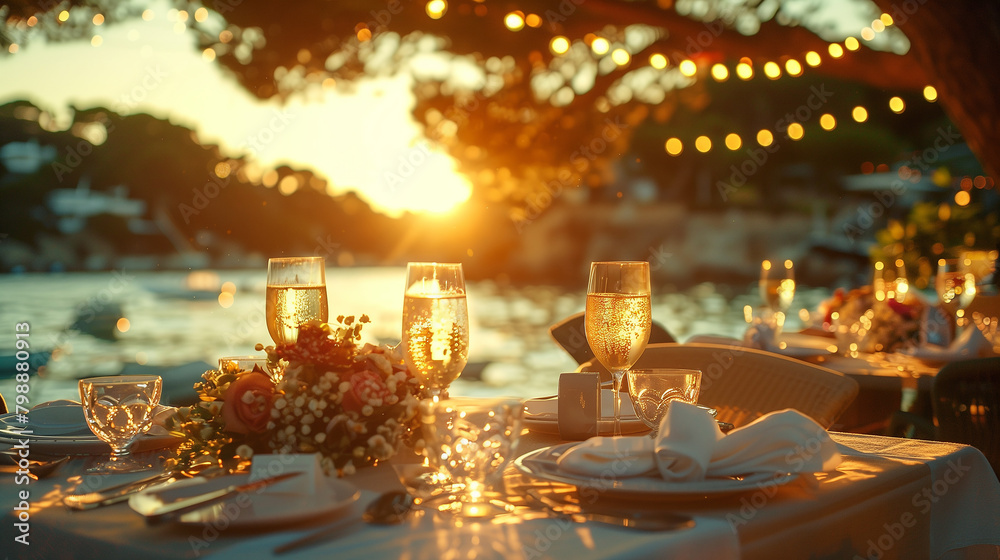 Elegant and select dinner decoration restaurant table outside spring in summer style Wine Glass on the table Soft light and romantic atmosphere sundowner service menu guests candle