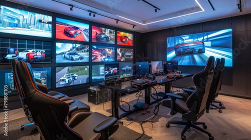 a gaming room with wall-to-wall screens for an unparalleled gaming experience.