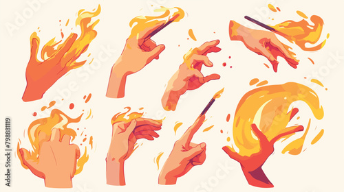 Hands with fire set. Holding burning flame match gl photo