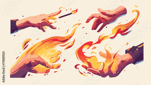 Hands with fire set. Holding burning flame match gl photo