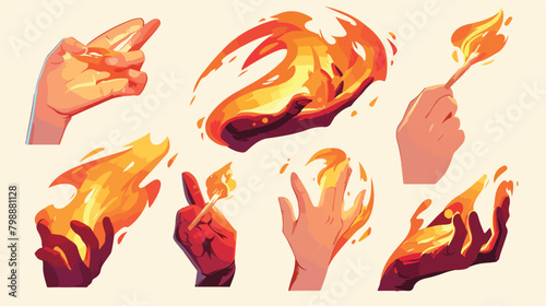 Hands with fire set. Holding burning flame match gl