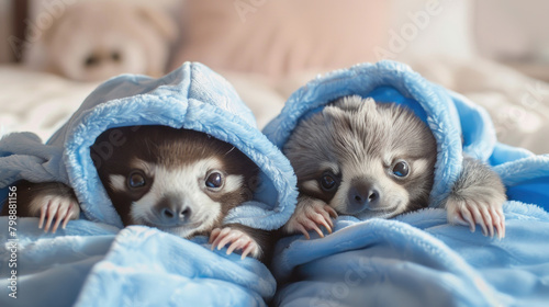 Two animals, one small and one large, cuddled together under a soft blanket © sommersby