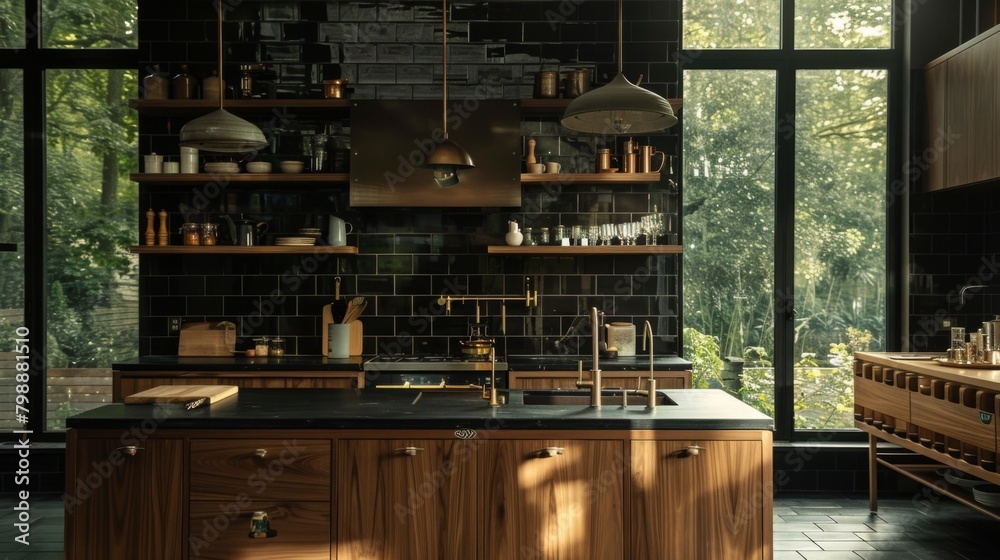 Obraz premium A kitchen with black tiles on the walls, wooden cabinets and an island in the center with a sink
