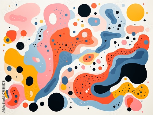 Abstract blobs, pastel to bold, continuous design, flat graphic, white base , childlike drawing