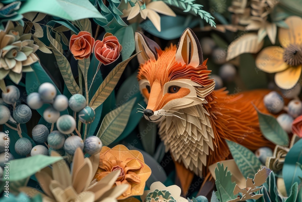 Fototapeta premium A highly detailed of a red fox, made of paper, in a lush green forest with flowers and plants, also made of paper.