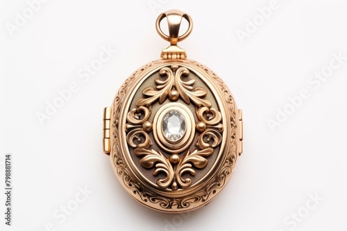 A golden locket with a diamond in the center.