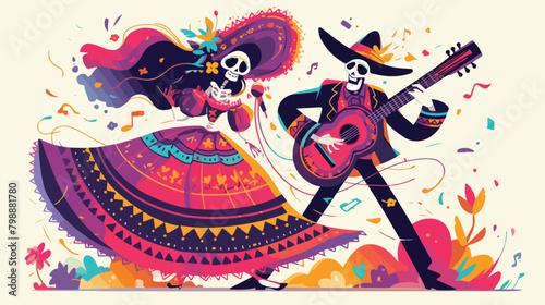 Couple of Mexican skeletons in costumes dance and p photo