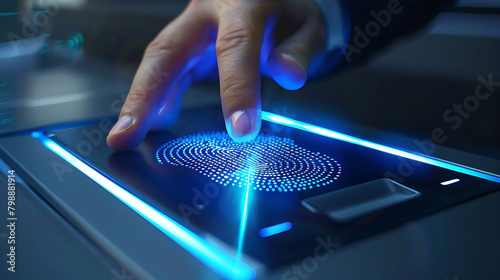 biometric security technology a blue light illuminates a white hand holding a device with a finger