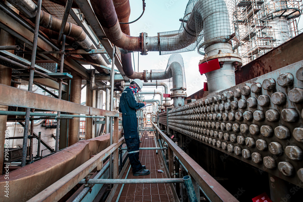 Male worker inspection at steel long pipes and pipe elbow in station ...