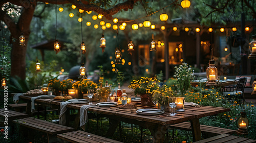 A cozy backyard or garden  bathed in the golden light of the late afternoon sun. A long  rustic wooden table is set with care  adorned with simple  yet elegant  tableware and surrounded by comfortable