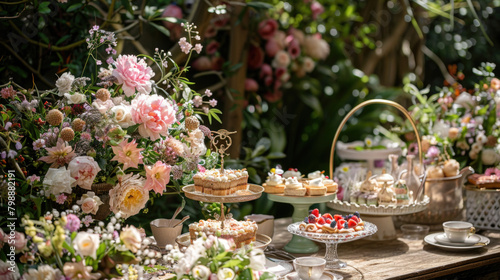 A table covered with an array of decadent desserts and vibrant flowers
