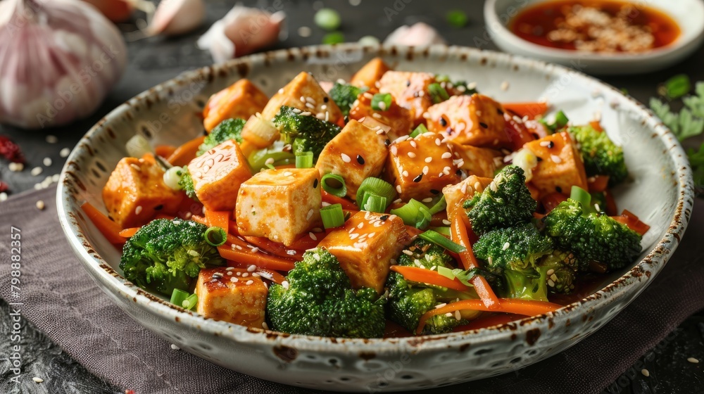 A vegetable stir fry dish containing carrots tofu broccoli onions and garlic A vegetable stir fry dish containing carrots tofu broccoli onions and garlic