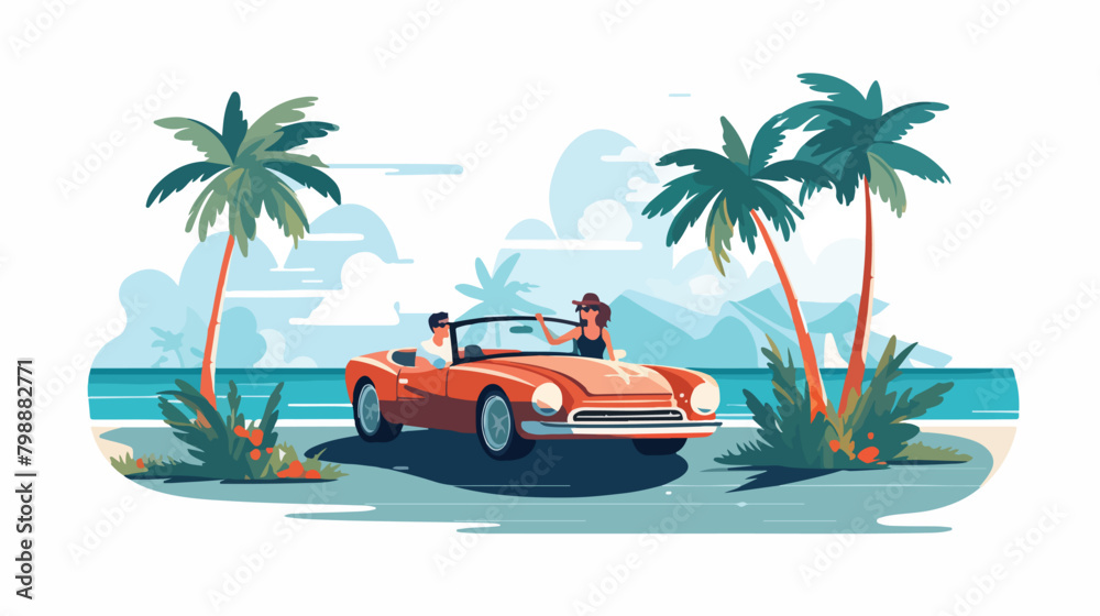 Couple travel by convertible car on summer holidays