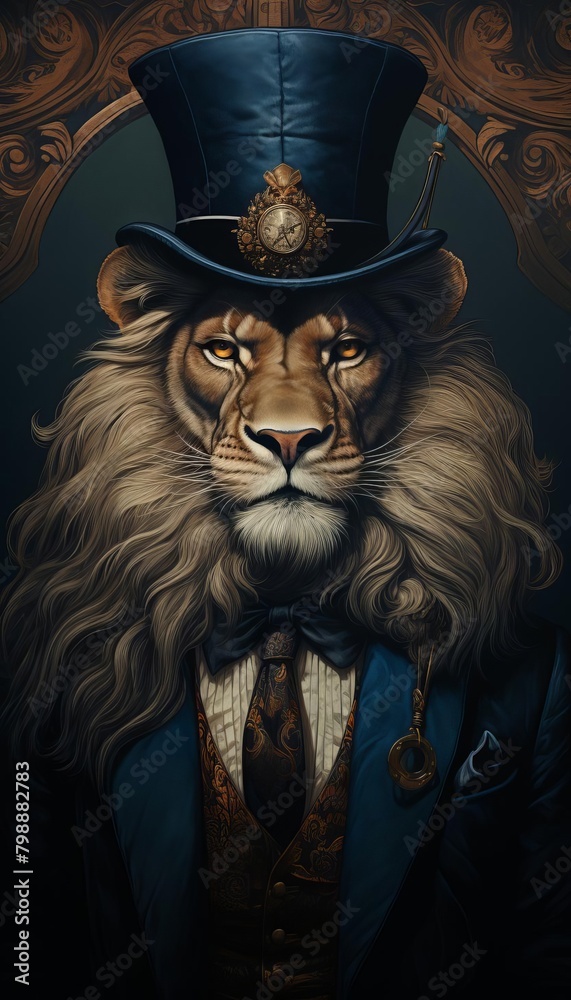 A steampunk lion wearing a top hat and monocle.