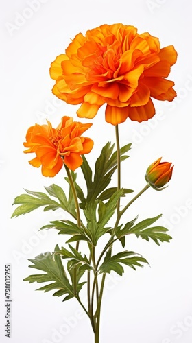 A single orange flower in full bloom with a closed bud on a long green stem with several green leaves against a white background.