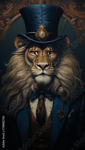 A steampunk lion wearing a top hat and monocle.