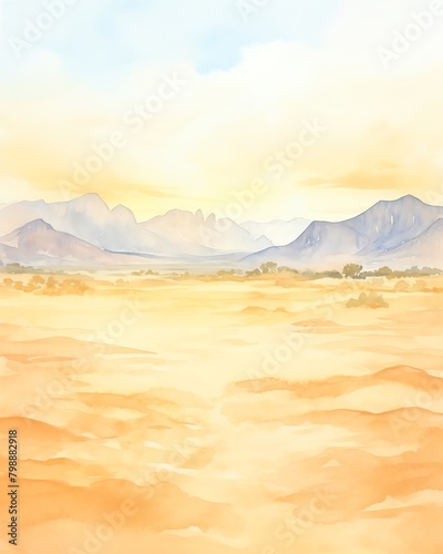 A watercolor painting of a vast desert landscape with mountains in the distance.