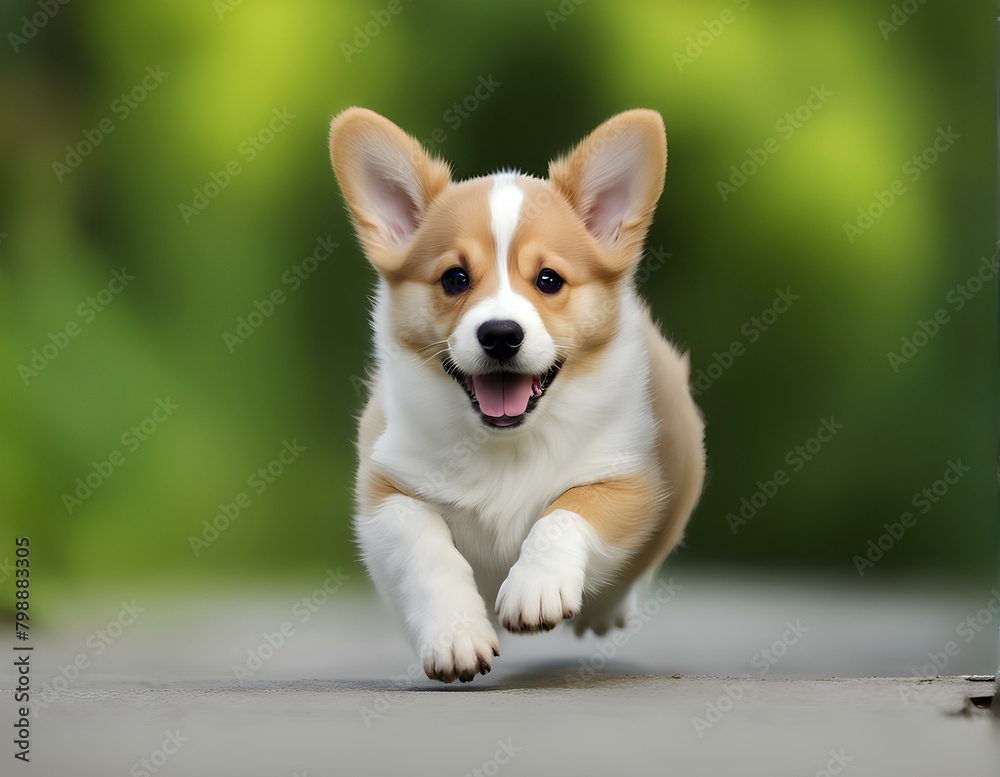 Corgi runs against on green blurry background Corgi runs against on green blurry background