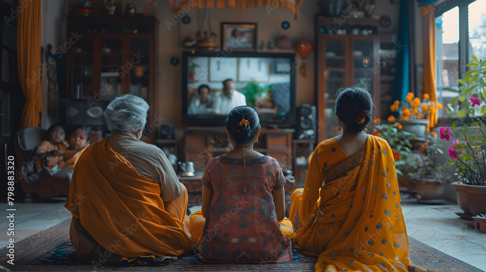 Portrait of Happy Indian Family Enjoying Movie Playing on TV at Home Together. Parents and Young Adult Children Share a Love for Cinema, and watching their Favourite Streaming Service TV Shows.