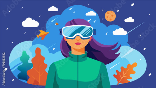 A woman using a virtual reality headset simulating extreme weather conditions to improve her brains ability to cope with unpredictable climate.